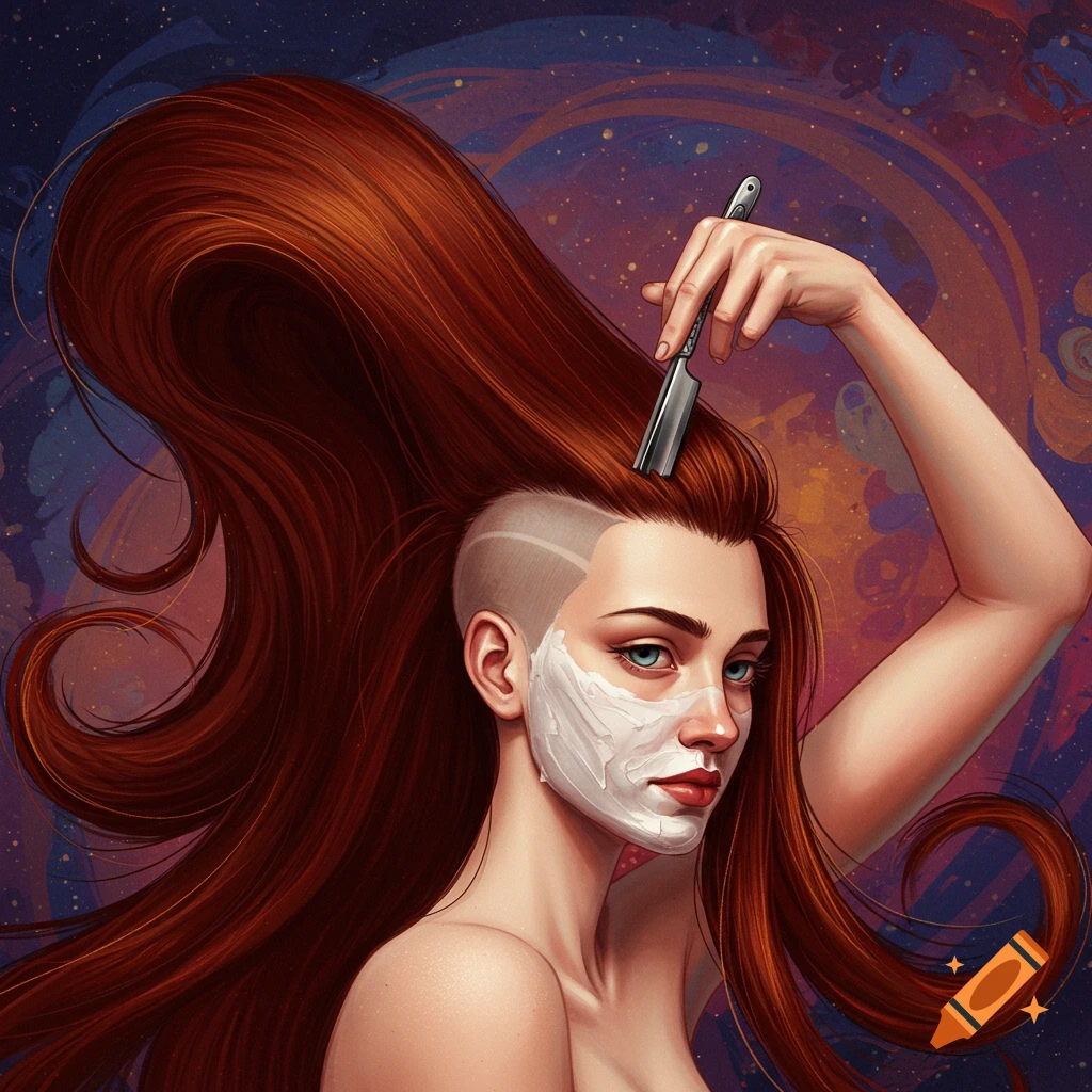 Illustration of a woman with long red hair shaving a section of her head.