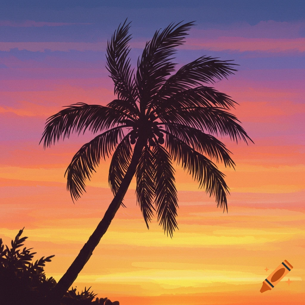 Illustration of a palm tree silhouette against a vibrant sunset sky