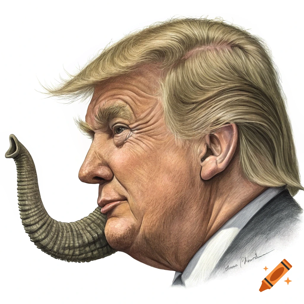 Caricature portrait of Donald Trump with an elephant trunk instead of a nose, in a detailed drawing style.