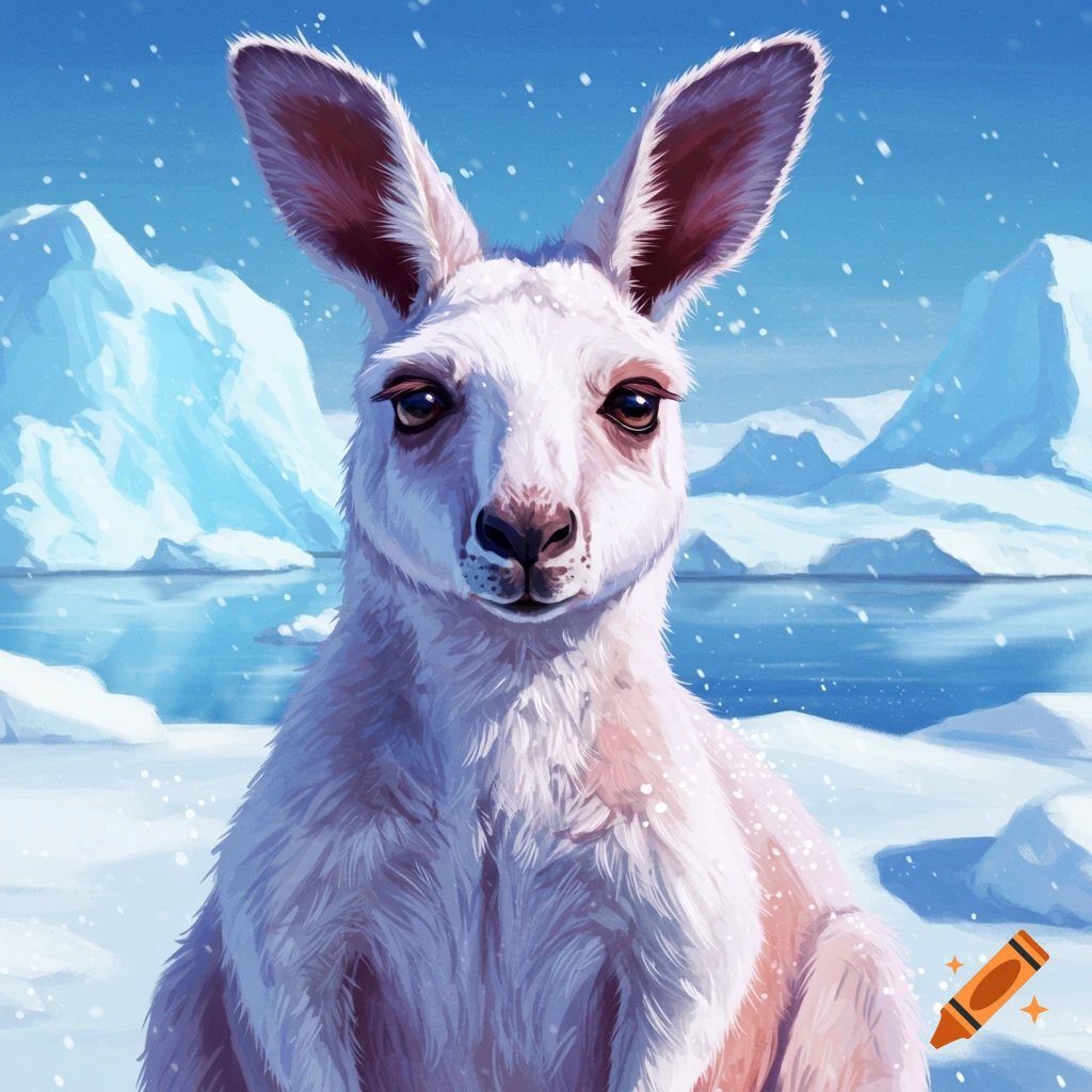 A white kangaroo sitting in the snow with icebergs in the background.