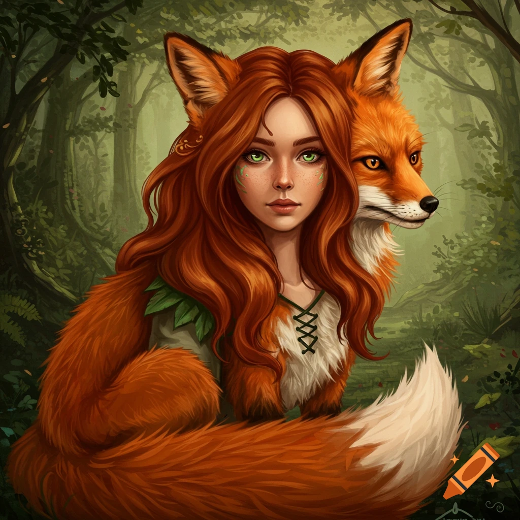 Fantasy portrait of a woman with fox ears, tail, and fur, in a forest.