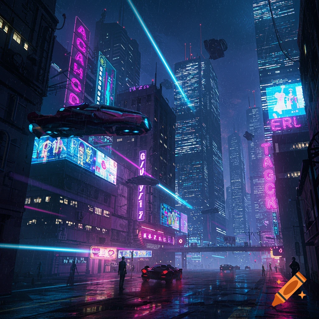 A neon-lit cyberpunk city street at night with flying vehicles, skyscrapers, and wet pavement reflections.