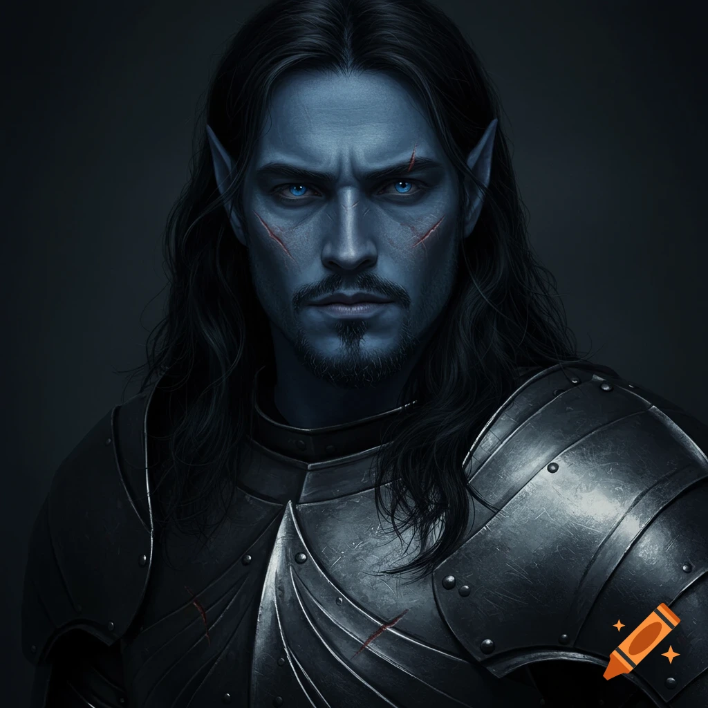 Portrait of a blue-skinned male fantasy character with long black hair, pointy ears, and scars, wearing metal armor.