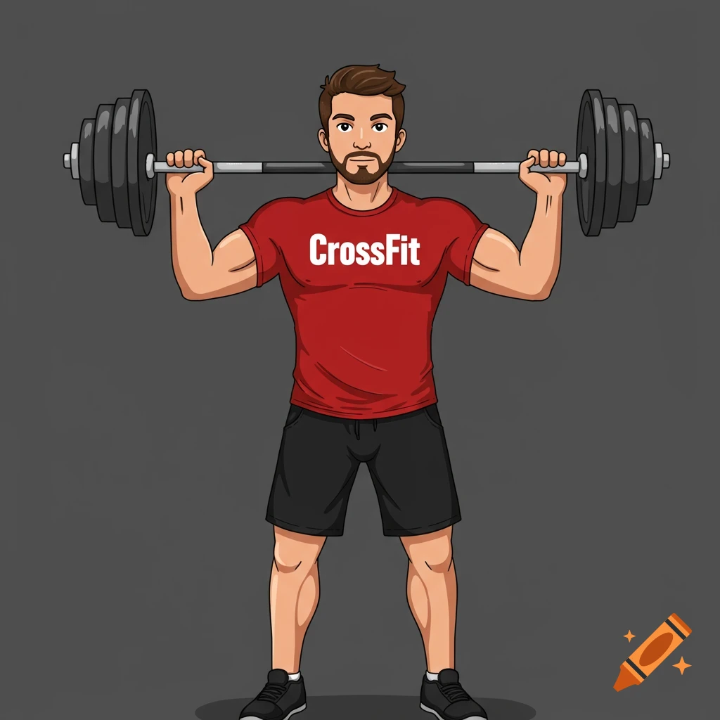 A cartoon man in a red shirt lifting a barbell overhead