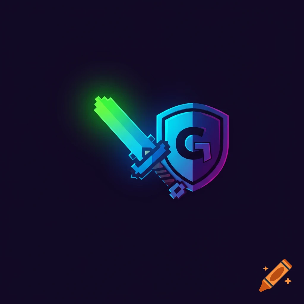 Neon gaming logo featuring a sword, shield, and the letter G on a dark background.