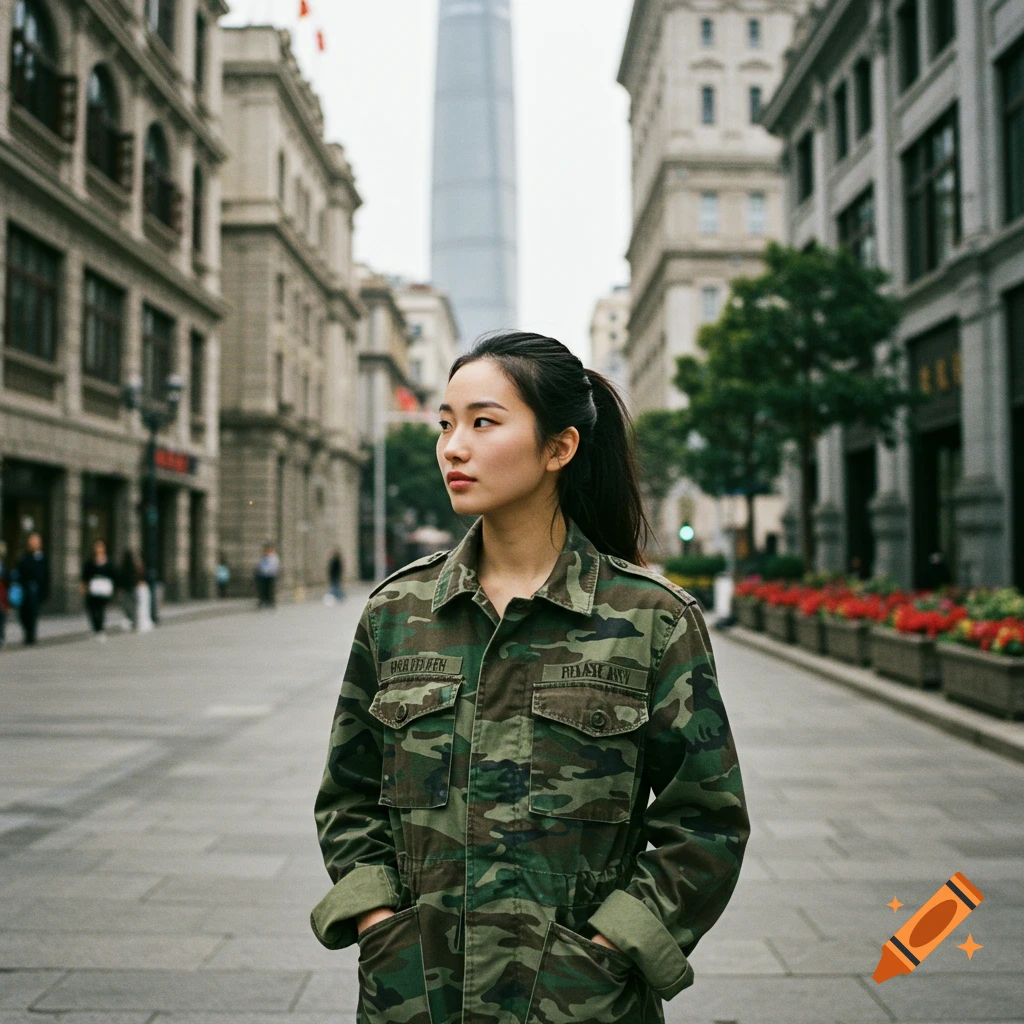 A woman in a camouflage jacket stands on a street in Shanghai with tall buildings.