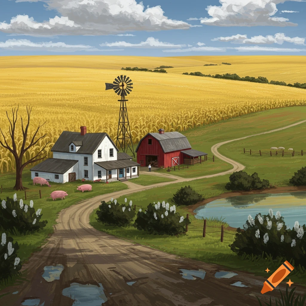 A view of a farm with a white house, red barn, pigs, windmill, pond, and cornfield under a cloudy sky.
