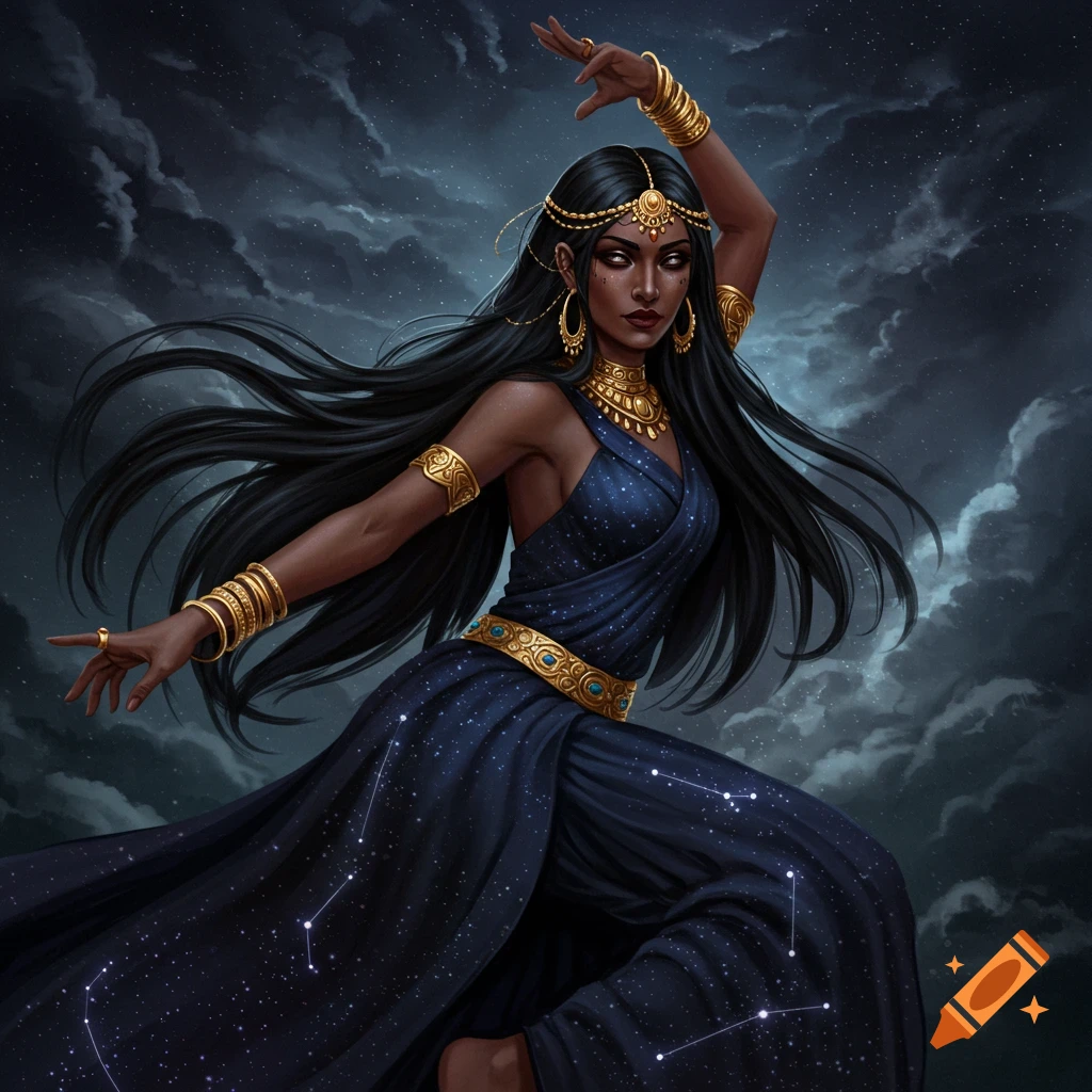A fantasy illustration of a dark-skinned woman with flowing black hair and gold jewelry, wearing a starry blue dress, posing dynamically against a cloudy night sky.