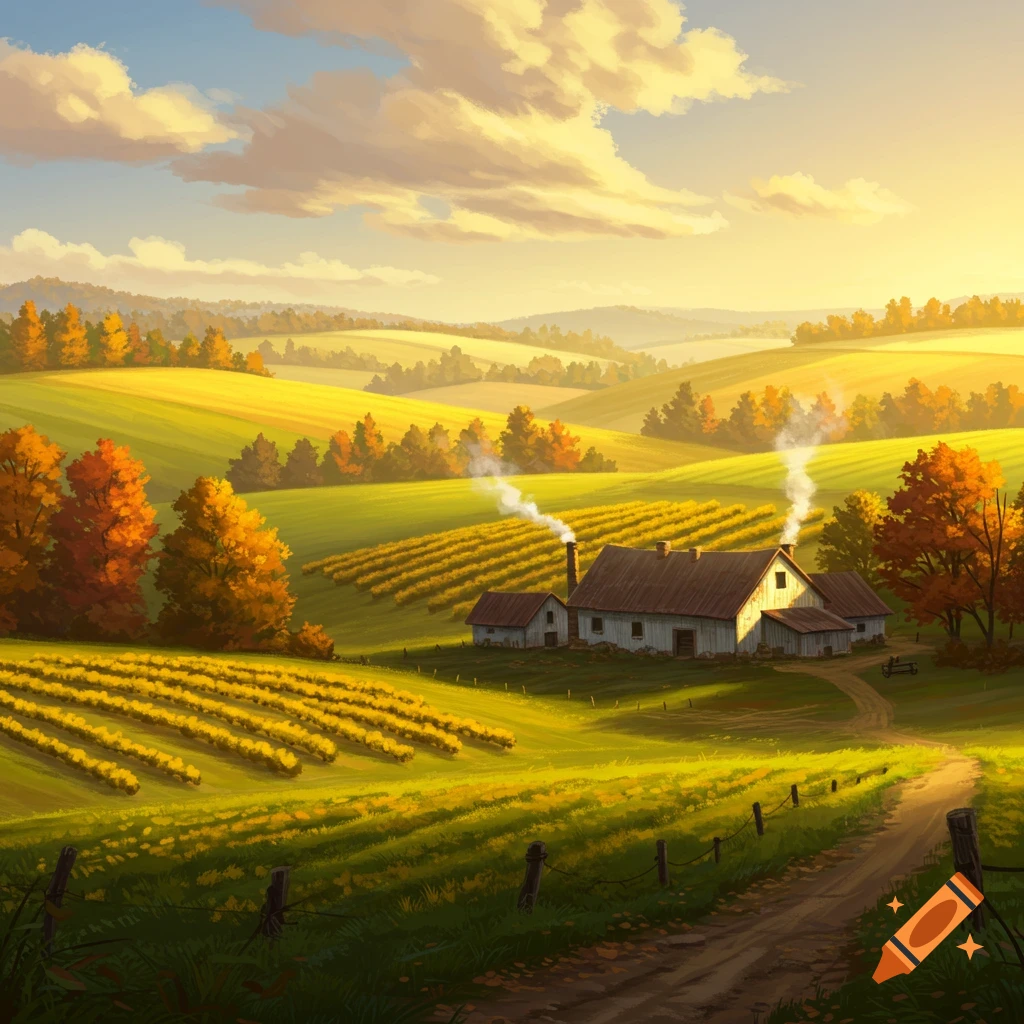 A farm in a valley surrounded by trees with autumn leaves under a sunset sky, painted digitally.