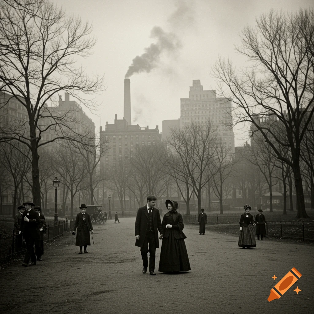 Sepia photo of a couple and others walking in a park, with buildings and a smokestack in the background, 19th-century style.