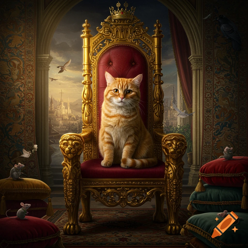 An orange tabby cat sits on a golden throne in a fantasy palace.