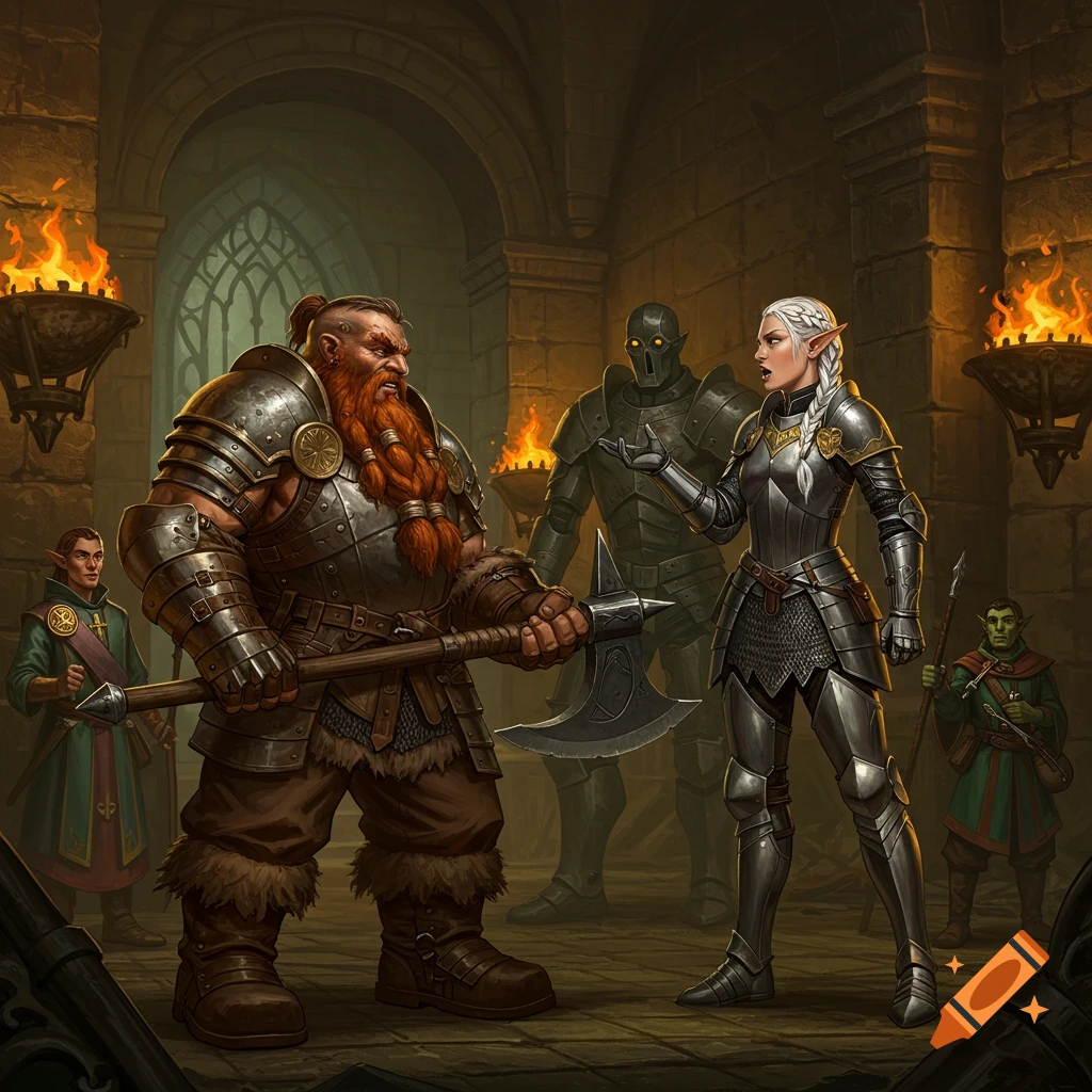 Fantasy image of a dwarf and an elf knight arguing in a dungeon.