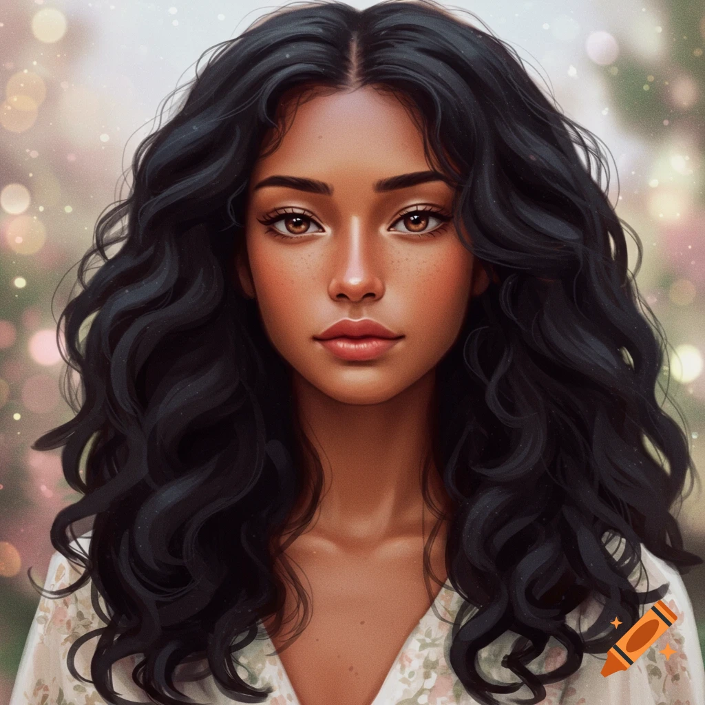 Digital art portrait of young woman with long dark curly hair, freckles, and brown eyes against a bokeh background.