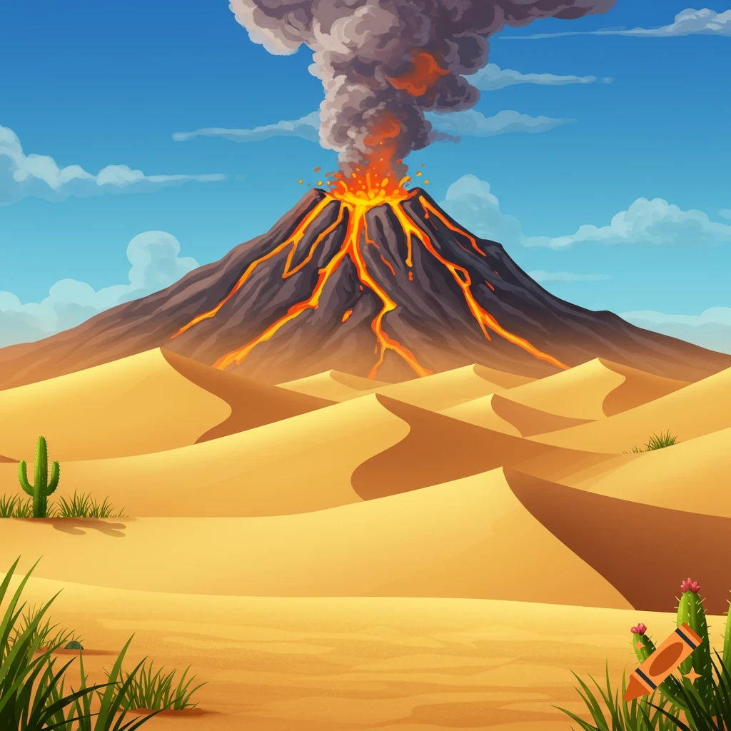 Stylized illustration of a volcano erupting in a desert with sand dunes and cacti.