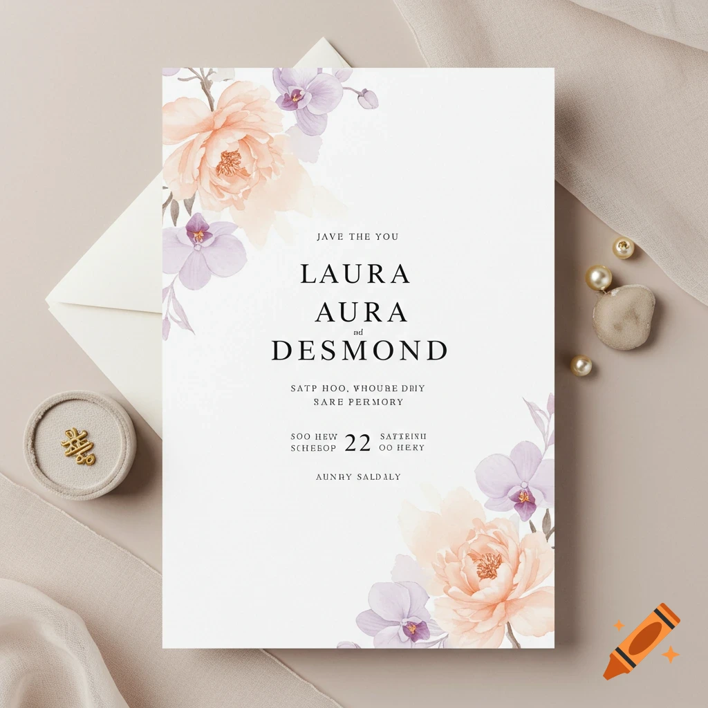 A floral minimalist wedding invitation card with names Laura and Desmond.