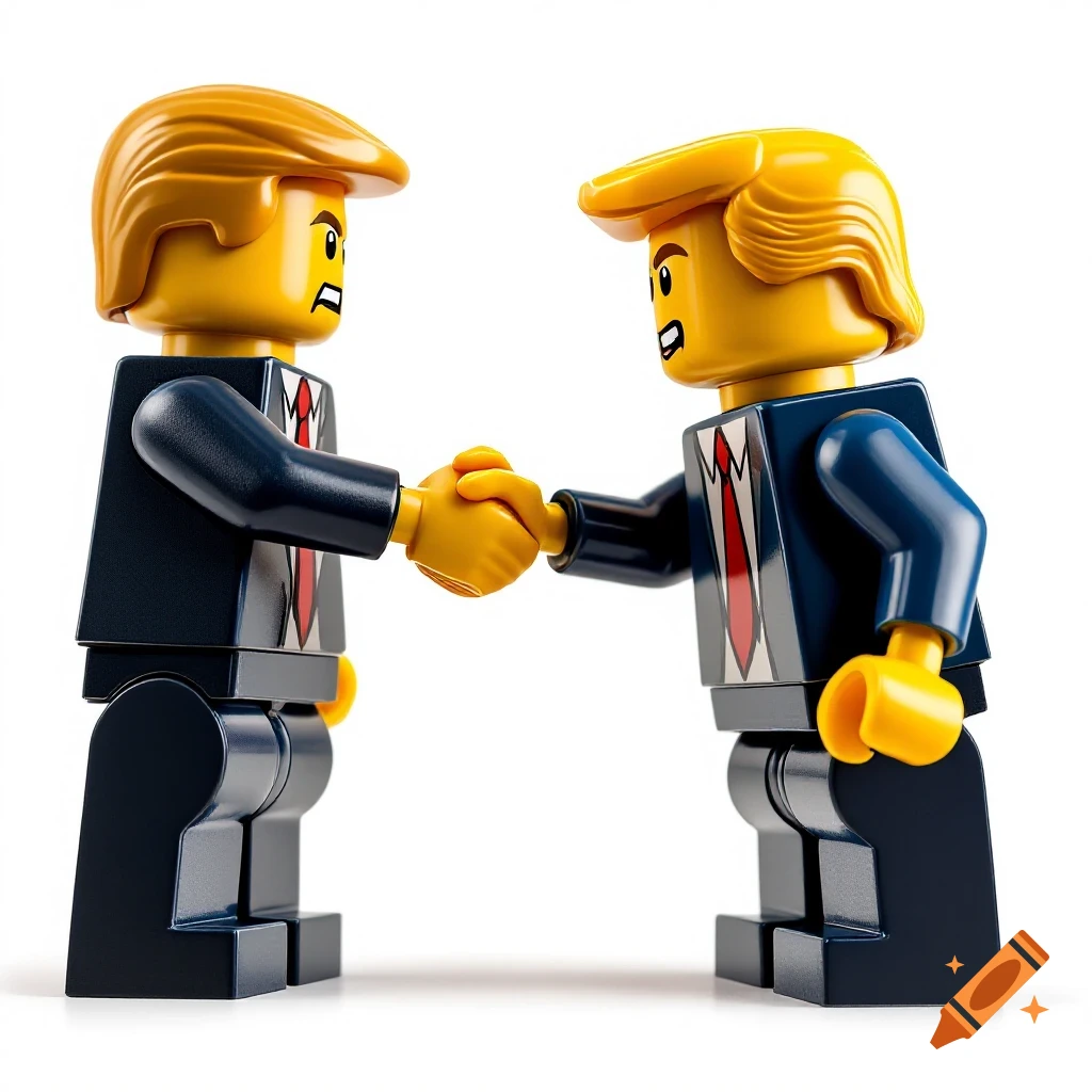 Two Lego figures resembling Donald Trump and another man shaking hands.