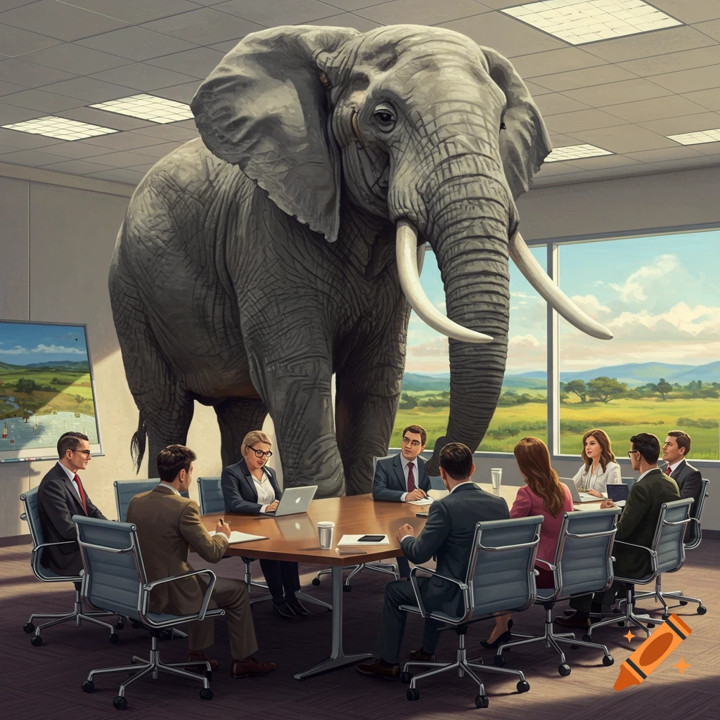 A giant elephant stands in a meeting room with business people seated around a table.