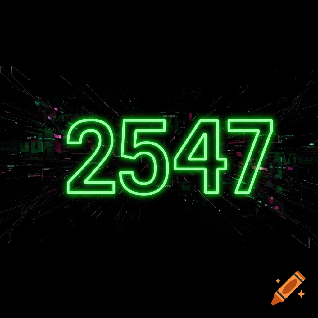 Green neon numbers 2547 on a dark digital background