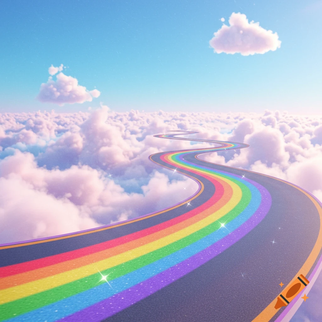 A winding rainbow road goes through fluffy pink and white clouds under a blue sky with sparkles.