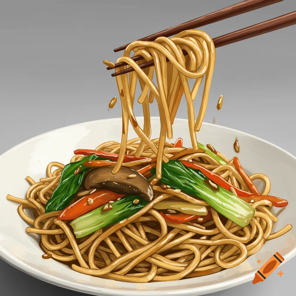 Chopsticks lift noodles with vegetables and sauce from a bowl, illustration