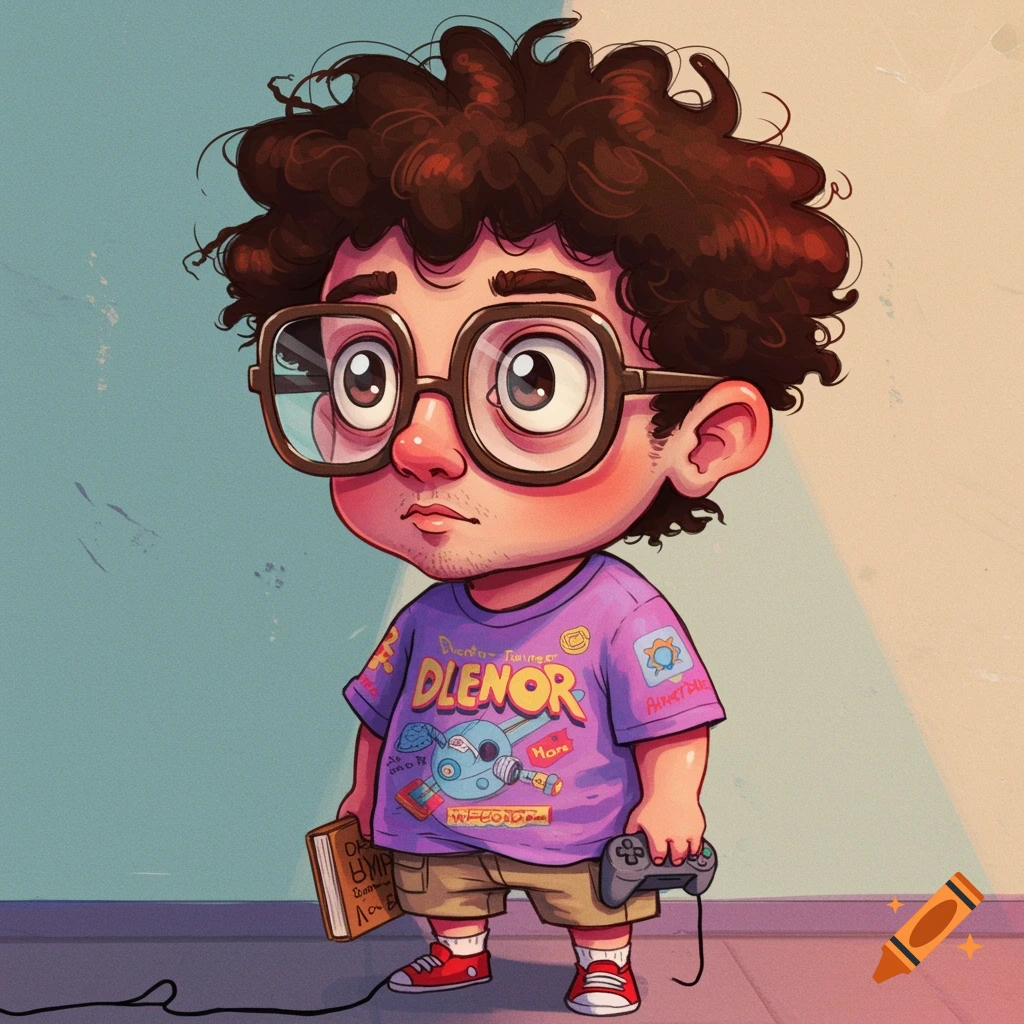 Cartoon of a short nerd with curly hair and big glasses holding a book and game controller.