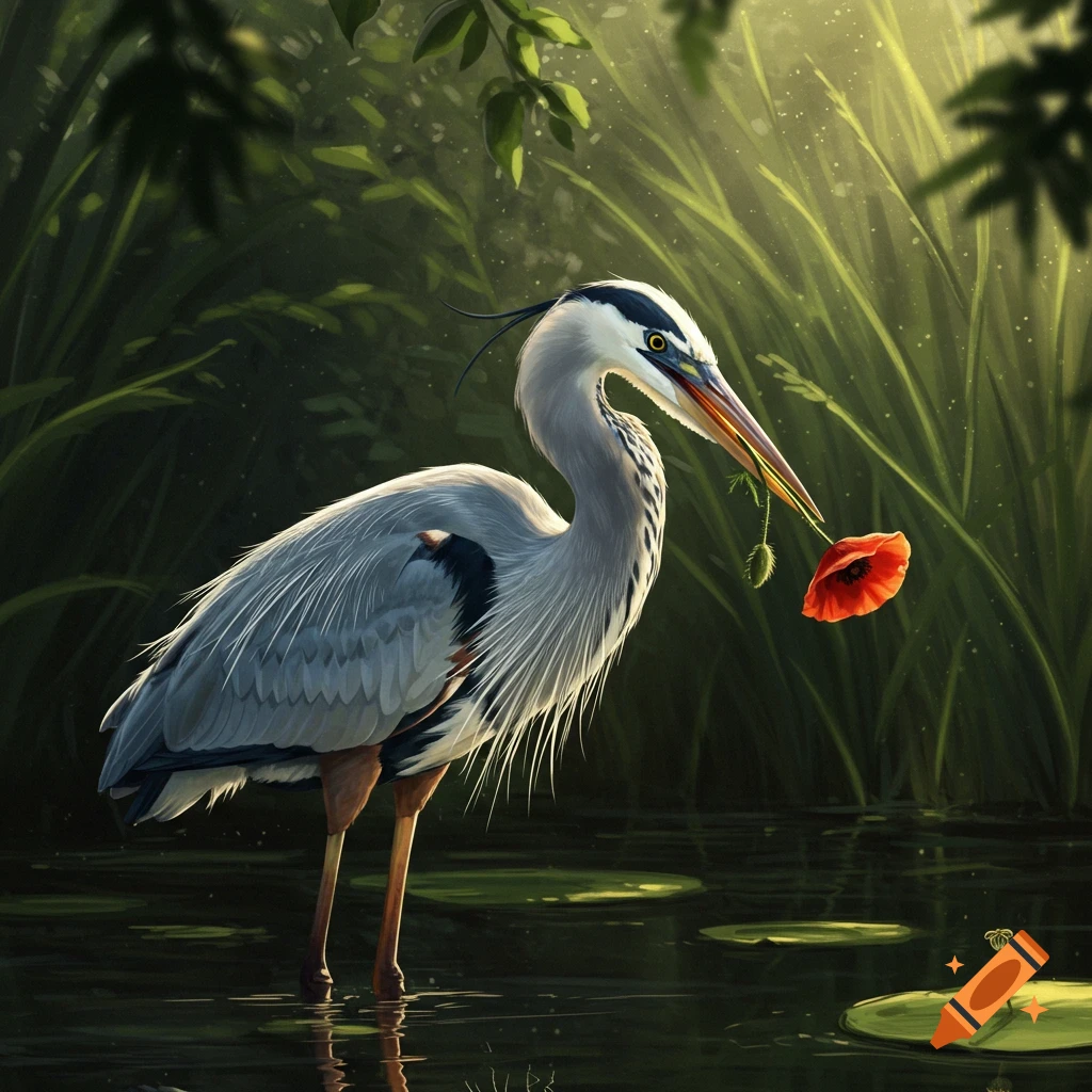 A great blue heron stands in water, holding a red flower in its beak, surrounded by green plants and dappled sunlight. Digital art.