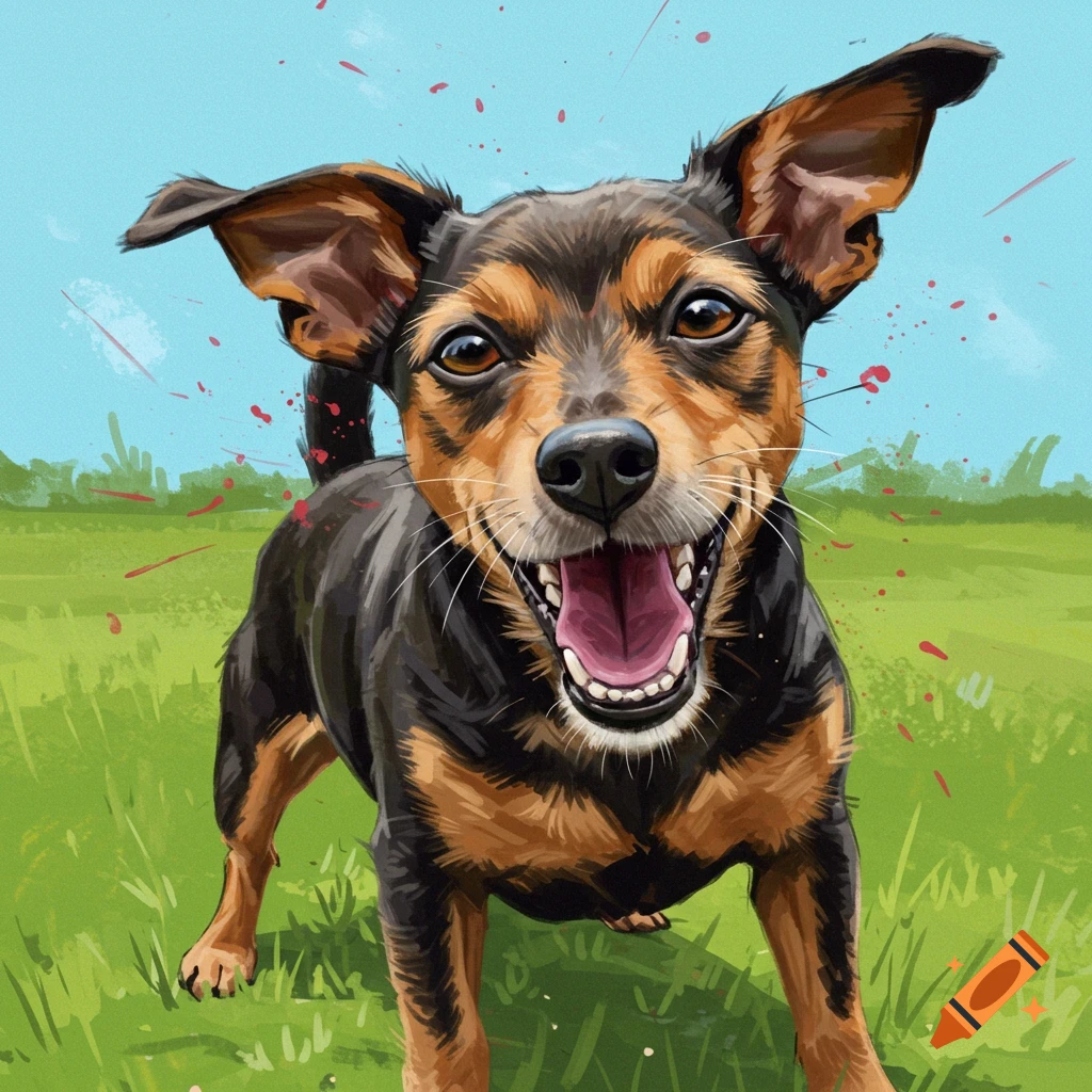 A happy dog with floppy ears in a grassy field.