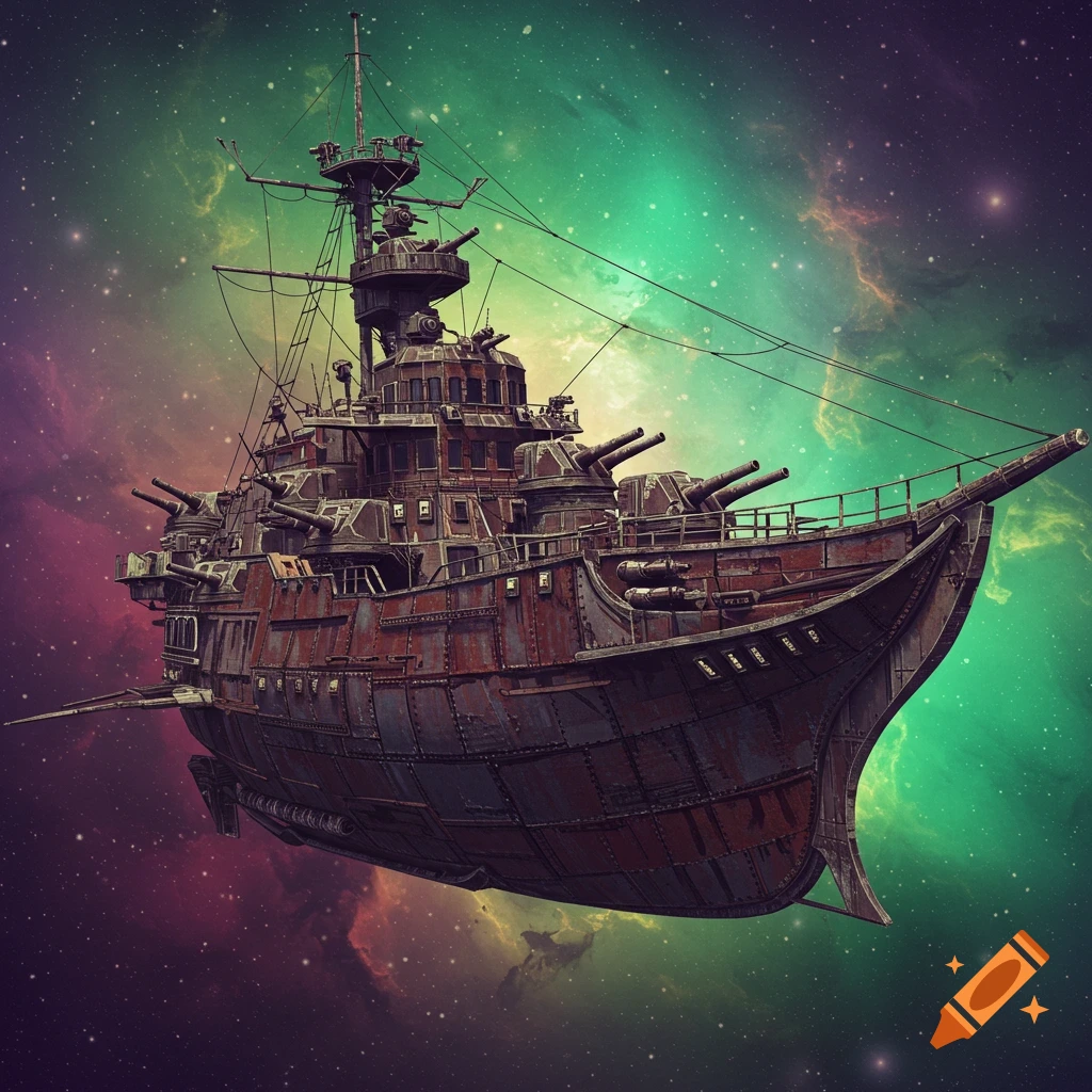 Steampunk style space pirate ship floating in a colorful nebula with stars.