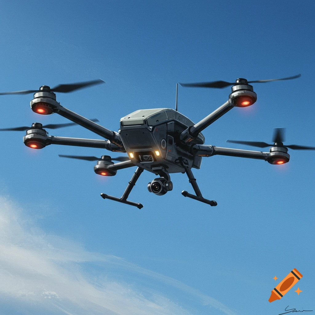 A detailed, six-rotor drone with a camera flies against a blue sky.