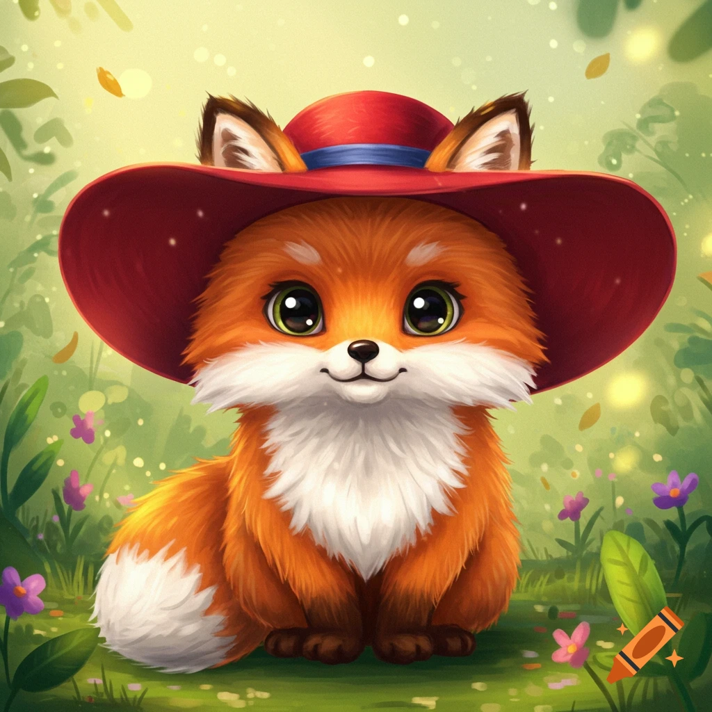 A cute cartoon-style fox wears a red hat in a grassy field with flowers.