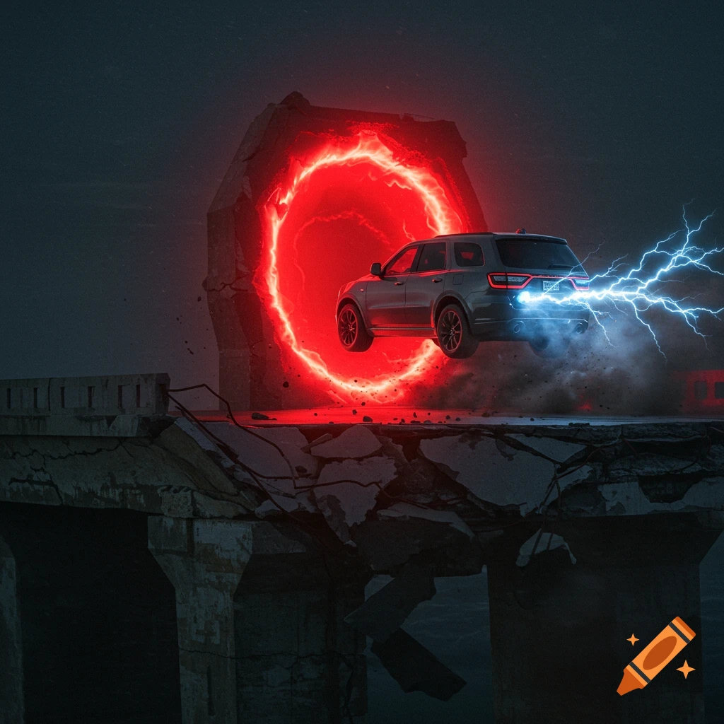Grey SUV jumps off a broken bridge into a red glowing portal, with blue lightning from the exhaust.