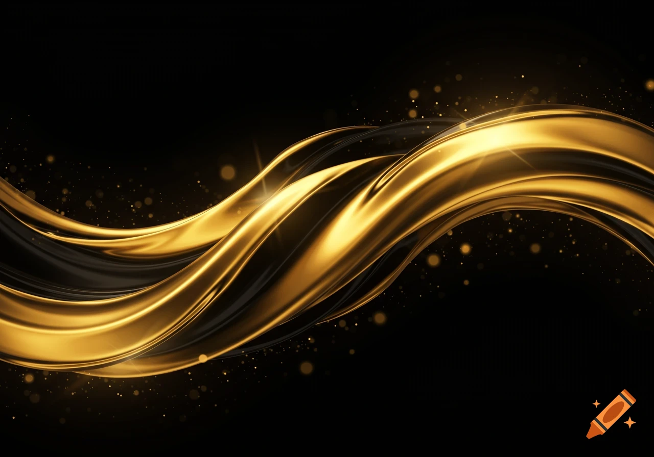 Abstract metallic gold waves with sparkles on a black background.
