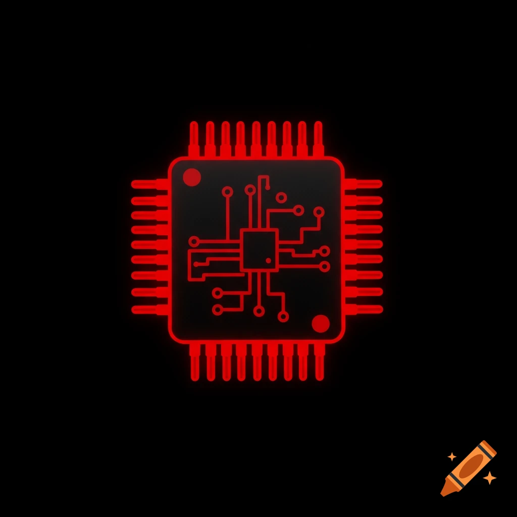 Red circuit board icon on black background