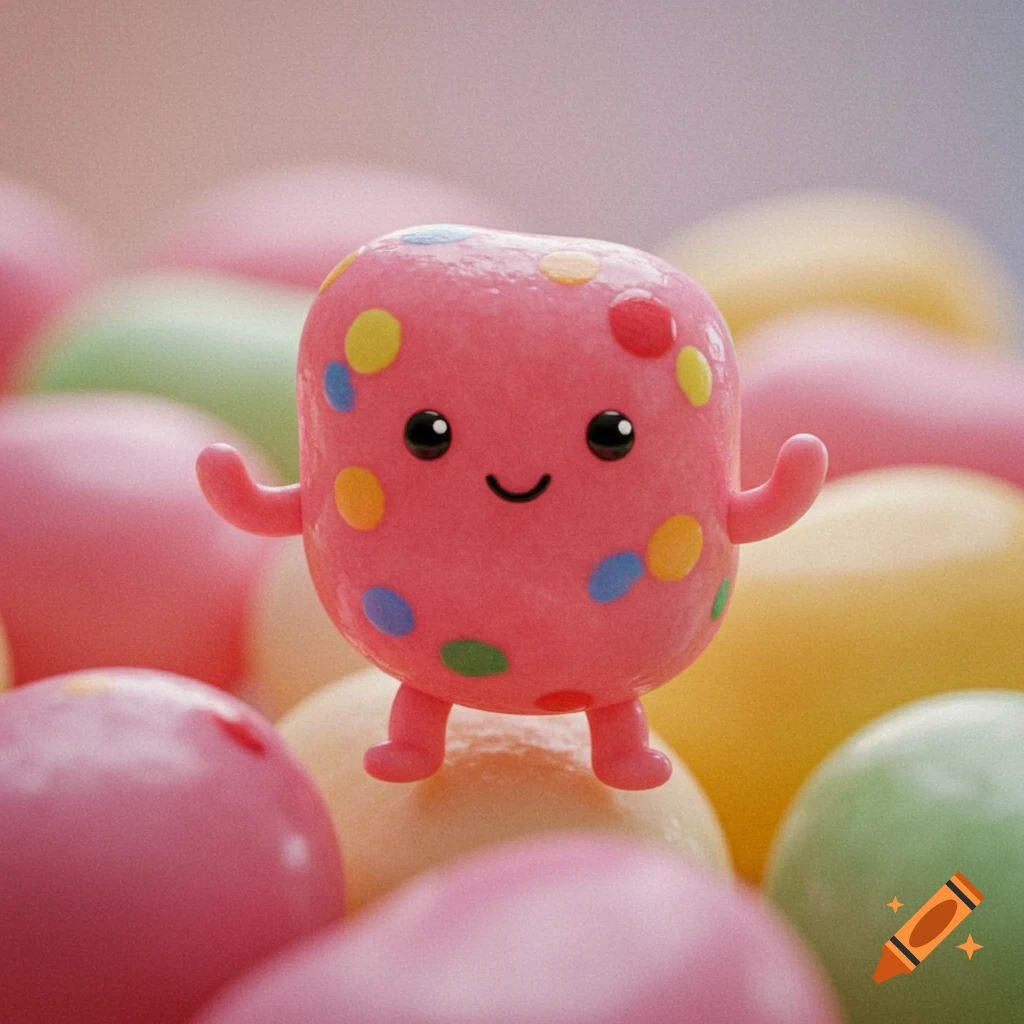 A cute pink creature with rainbow spots and a face stands on colorful spheres.