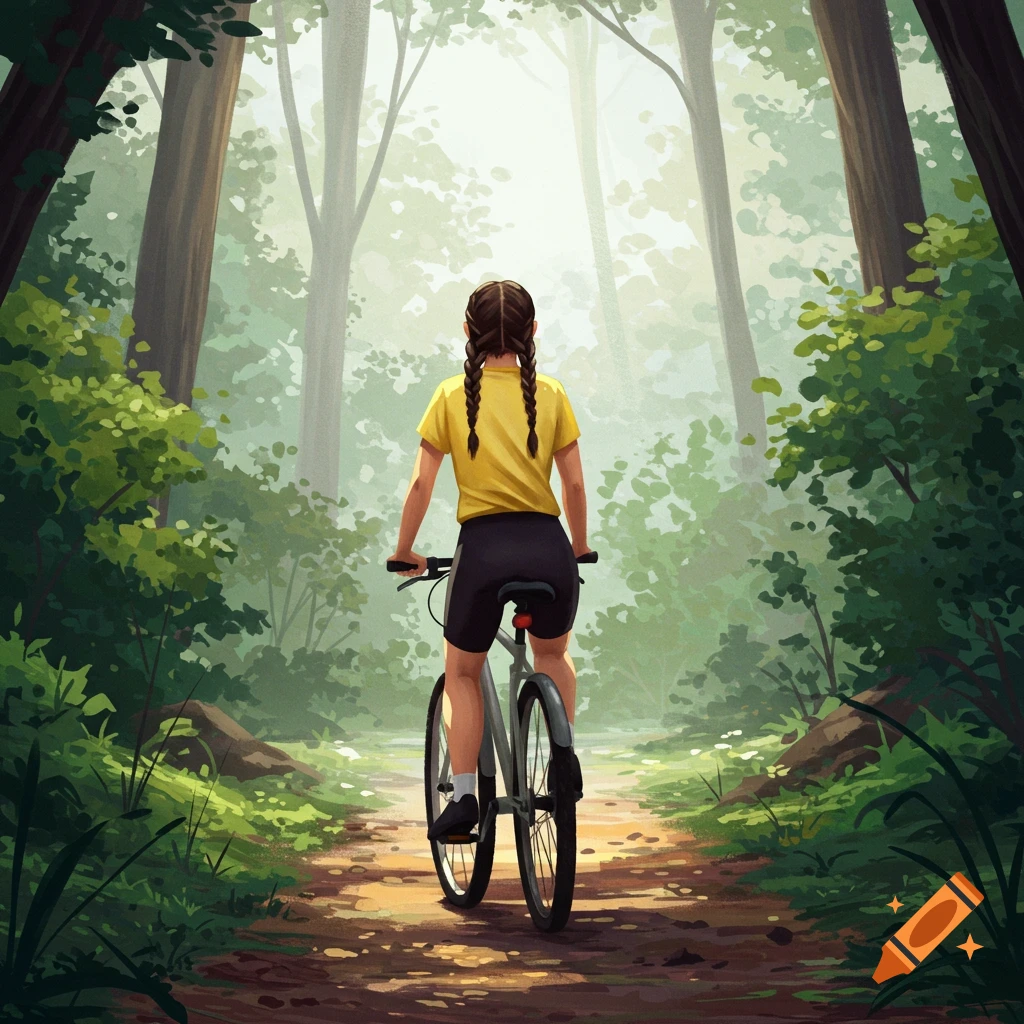 Illustration of a woman with braids riding a bike on a sunlit forest path.