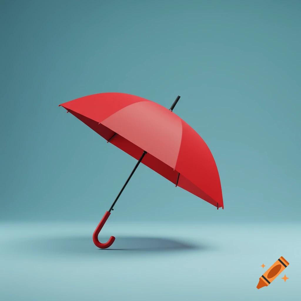 A red umbrella stands on a light blue surface against a matching light blue background.