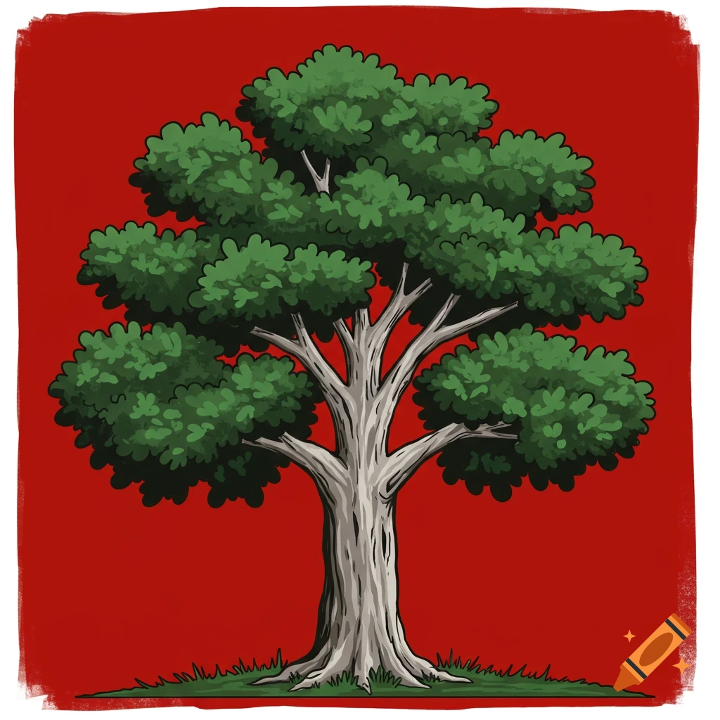 A stylized tree with green leaves and a grey trunk stands on a red background, like a medieval banner.