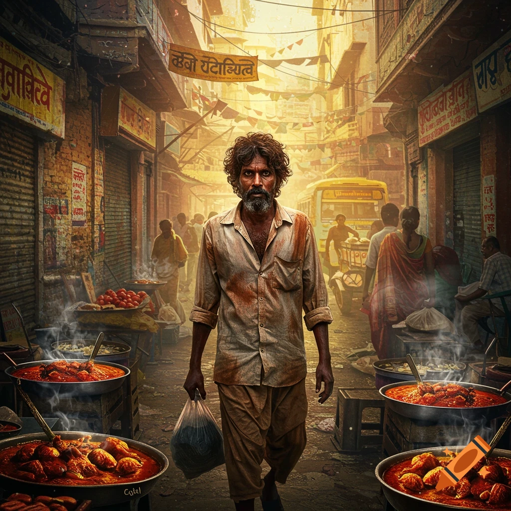 Man walks through a bustling Indian street market with food stalls.
