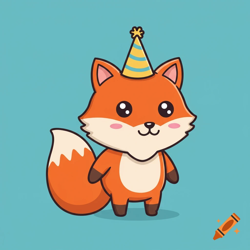 A cute cartoon fox wearing a party hat on a blue background.