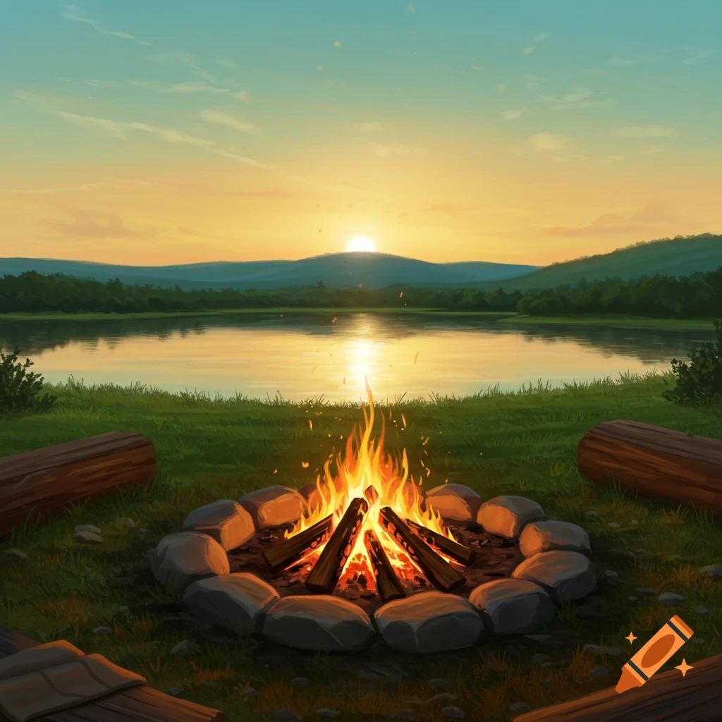 A campfire surrounded by stones and logs burns next to a lake at sunset.