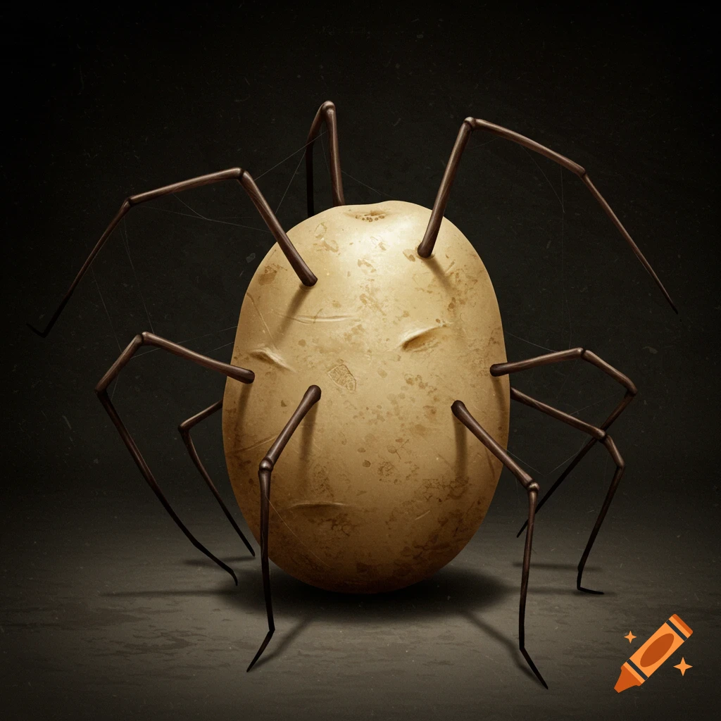A potato with spider legs stands on a dark surface.