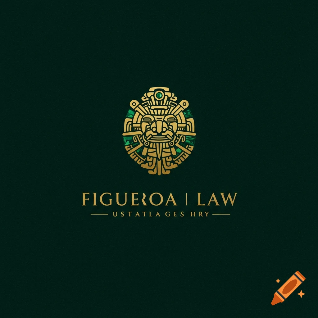 Logo with gold and green Aztec design and text 'Figueroa Law'.
