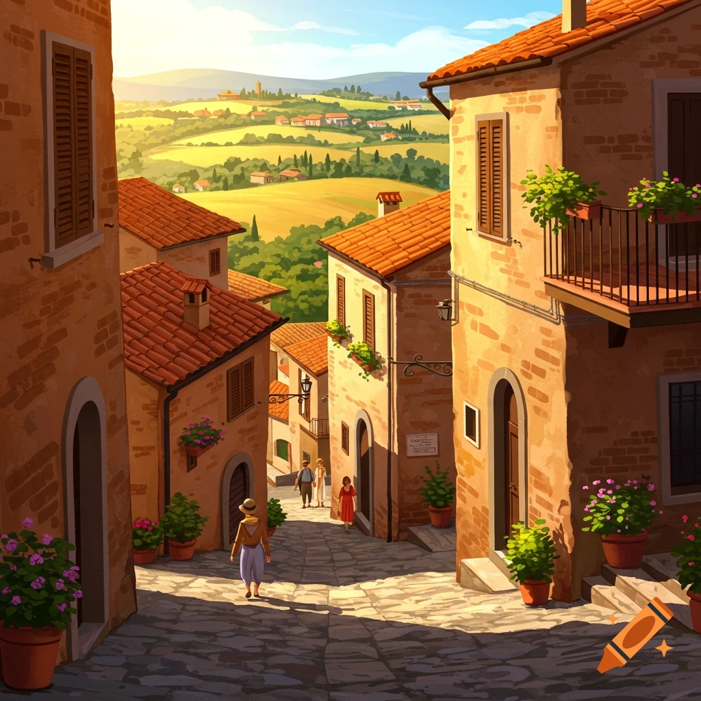 Illustrated view down a cobblestone street in an Italian village with buildings, people, and sunny countryside in the background.