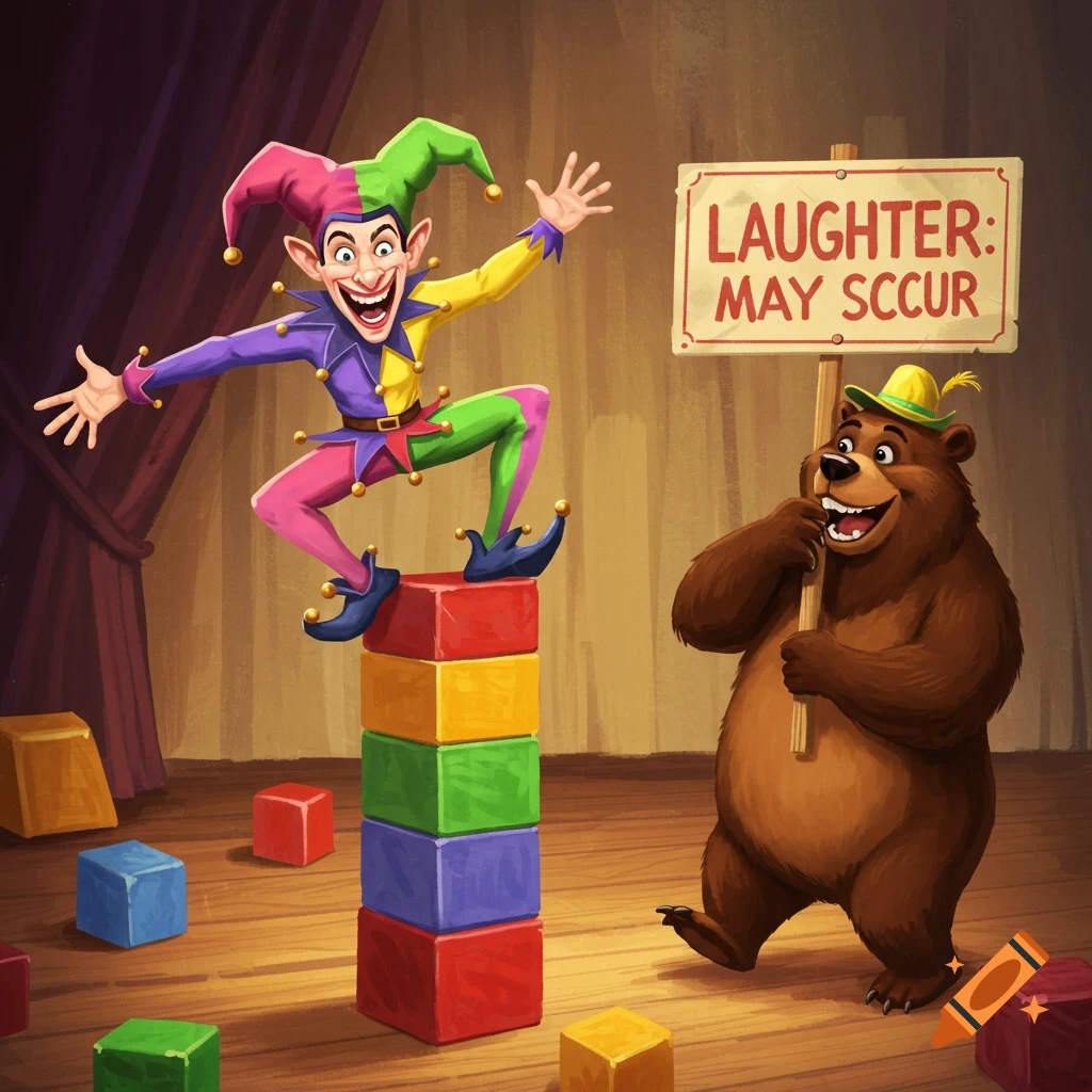 Cartoon jester on colorful blocks next to a bear holding a sign. Illustrated style.