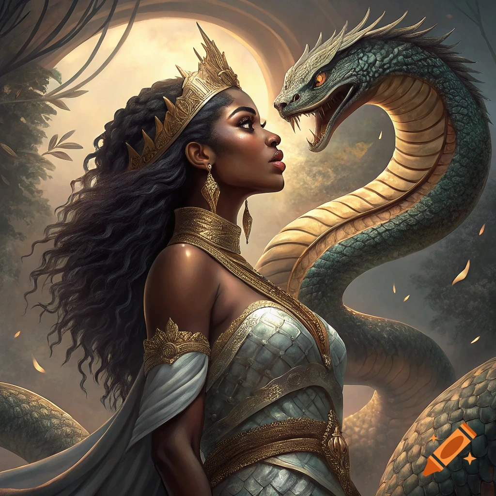 Fantasy art of a woman with a serpent body and crown looking at a large snake head.