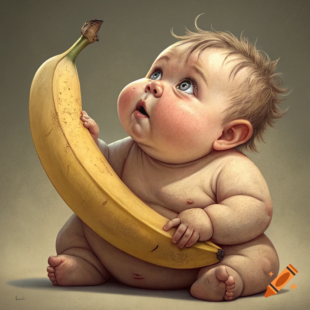 Realistic illustration of a baby holding a large banana.
