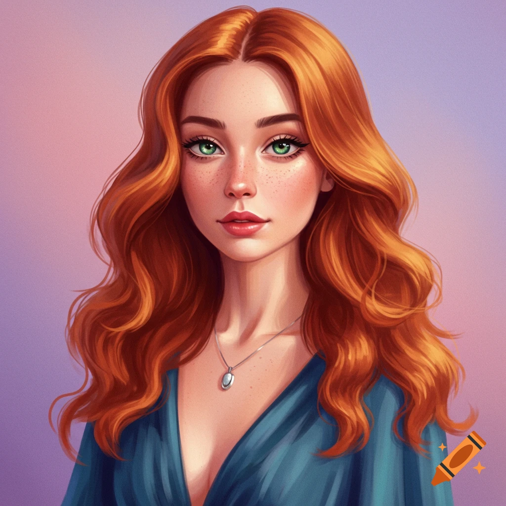 A woman with red hair and green eyes wearing a blue dress.