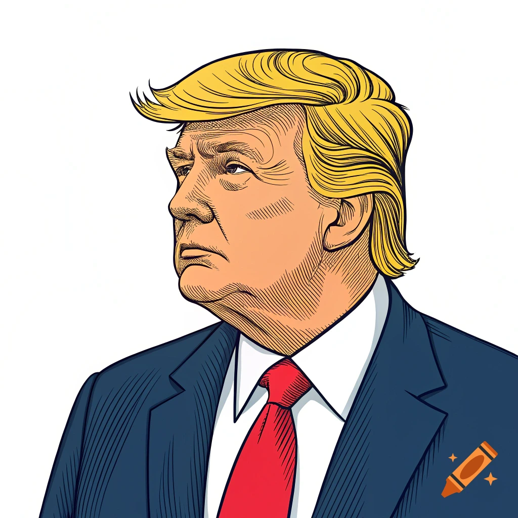 Cartoon illustration of a man resembling Donald Trump in a suit and tie.