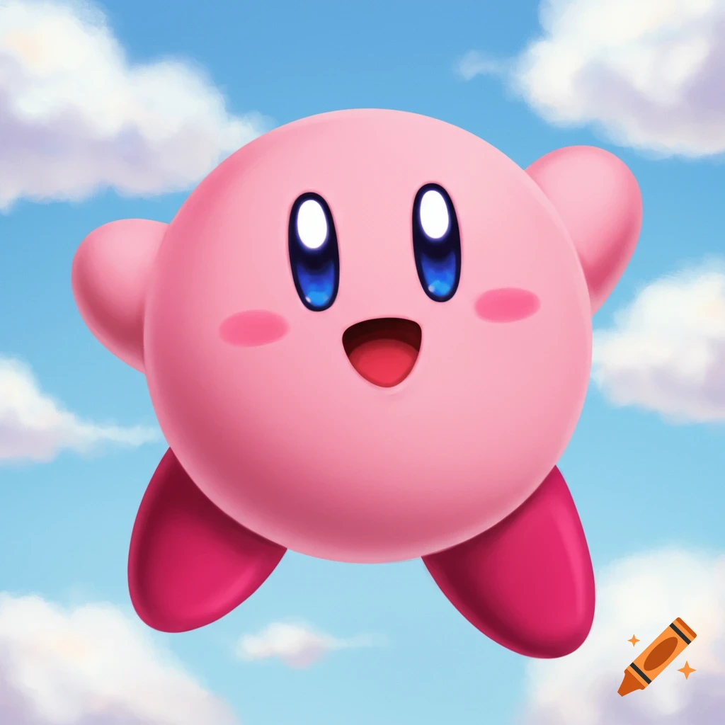 Pink spherical character Kirby flying in a blue sky with clouds.