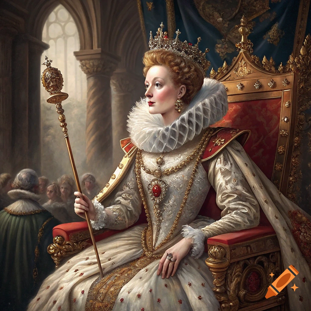 A queen in elaborate Elizabethan dress sits on a throne, holding a scepter.